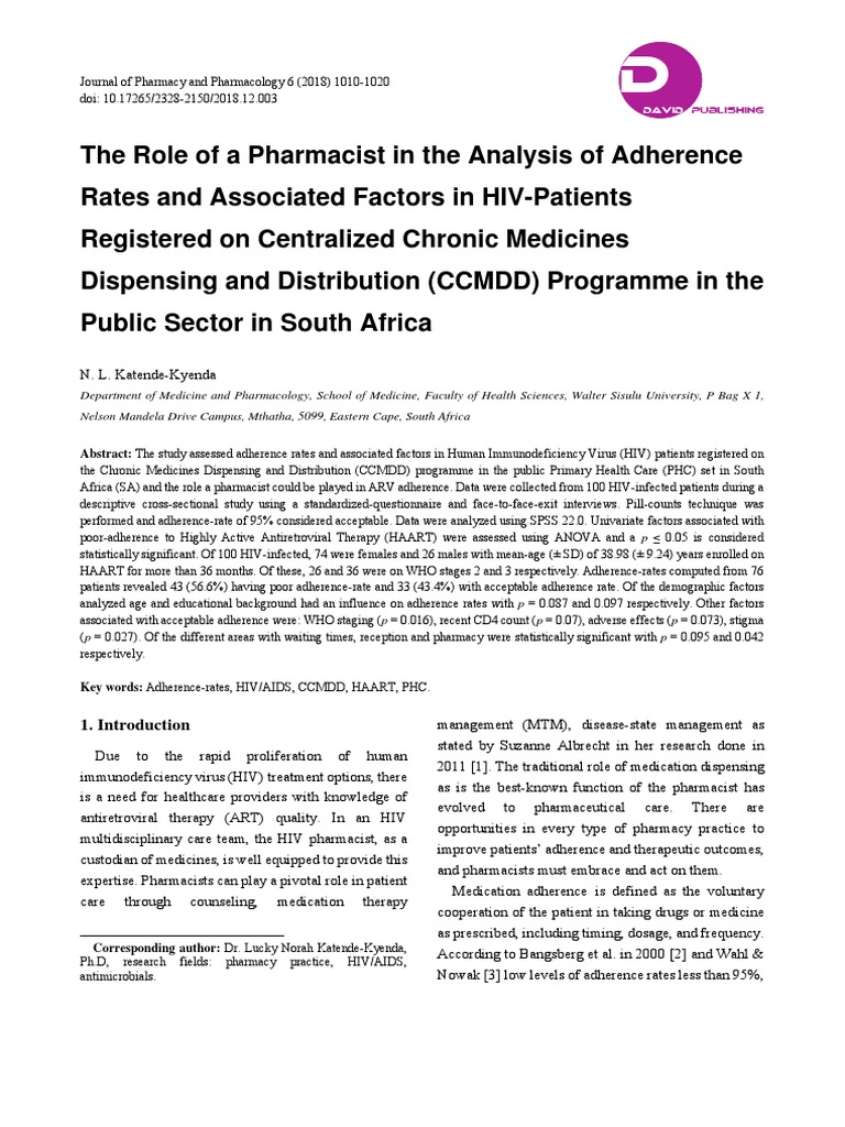 Pharmacist's Role in CCMDD Adherence | PDF | Pharmacy | Management Of ...
