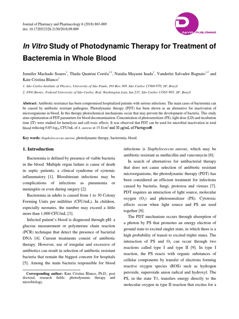 In Vitro Study of Photodynamic Therapy For Treatment of Bacteremia in ...