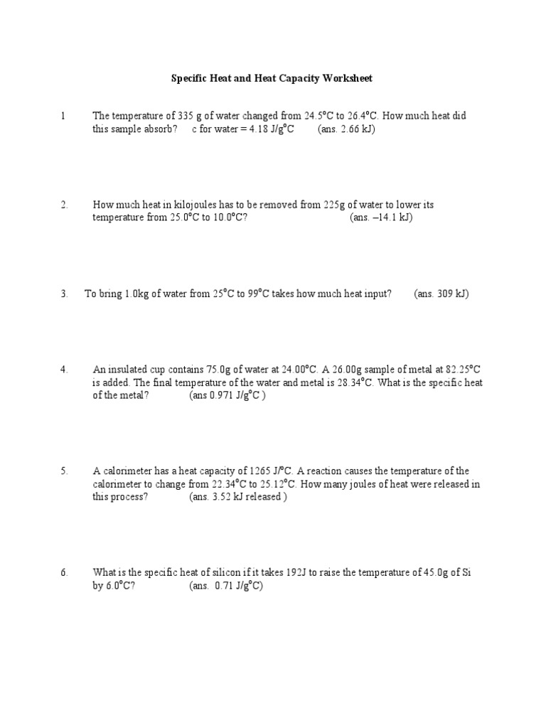 Heat and Heat Capacity  Worksheet Answers PDF  PDF  Precipitation With Calculating Specific Heat  Worksheet