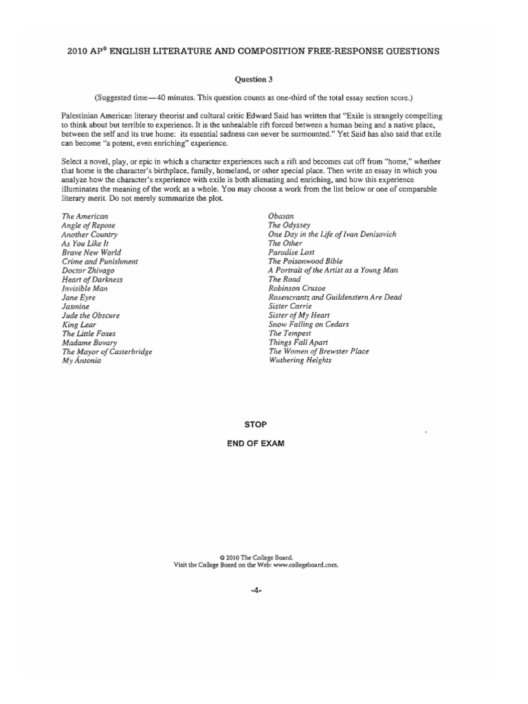 2010 AP English Literature Free Response Questions Sample ResponsesQ3