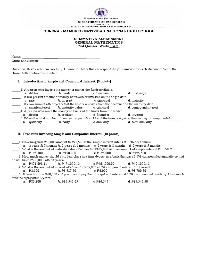 General Math: Interest Assessment | PDF | Interest | Compound Interest