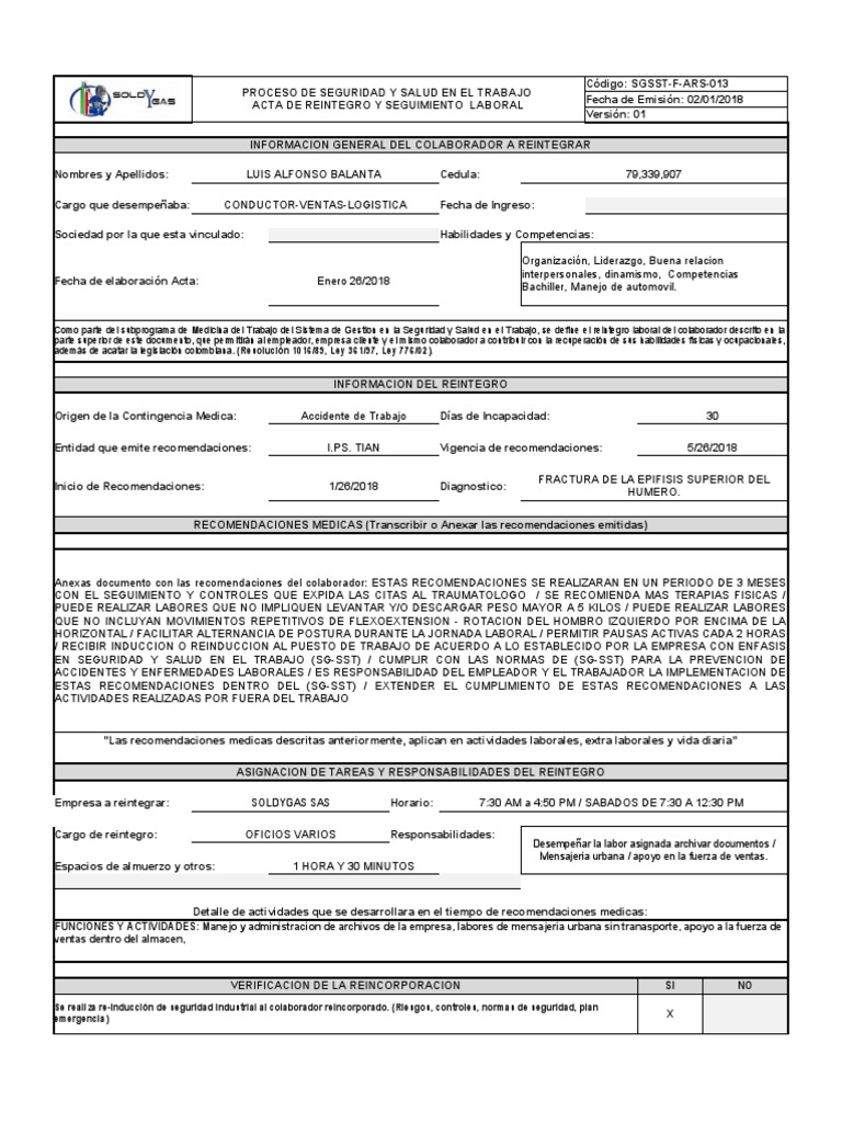 F-rh-071 Acta de Reintegro y Seguimiento Laboral Fredy | PDF | Medicina ...