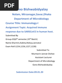 Gono Bishwabidyalay: Nolam, Mirzanagar, Savar, Dhaka Department of Microbiology Course Title: Immunology-I