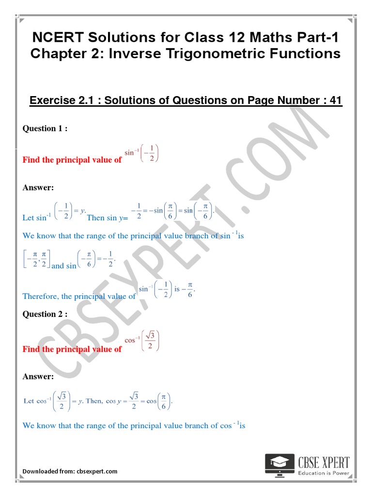 NCERT Solutions For Class 12 Maths Part 1 Chapter 2 Inverse ...