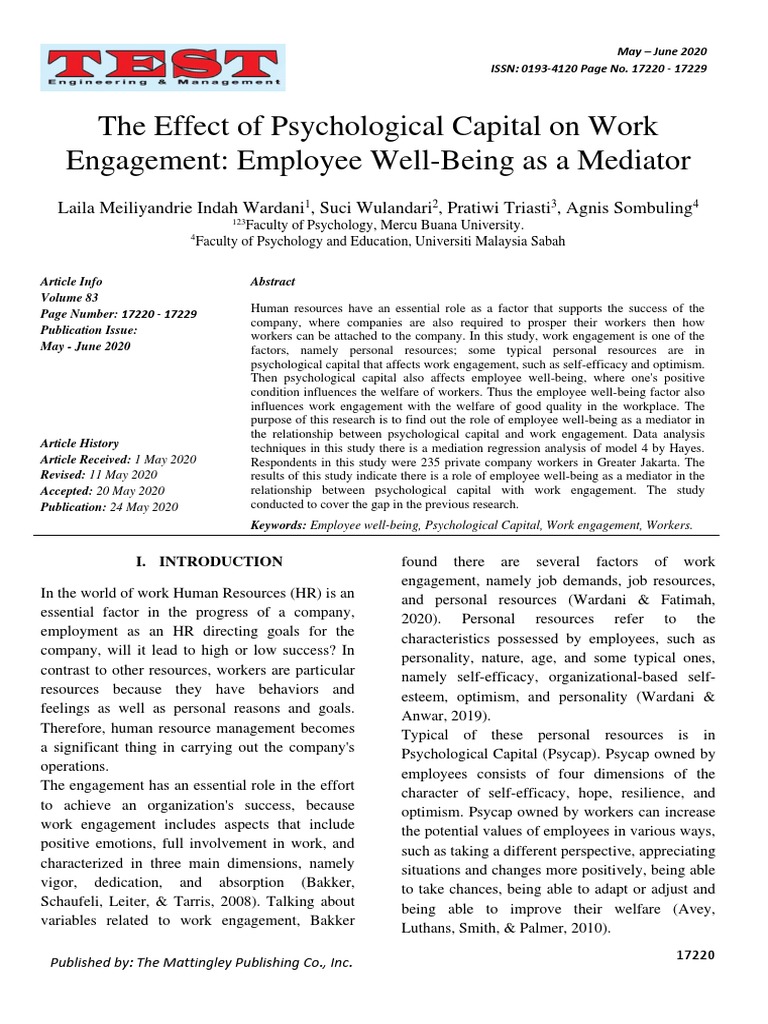 The Effect of Psychological Capital On Work Engagement: Employee Well ...