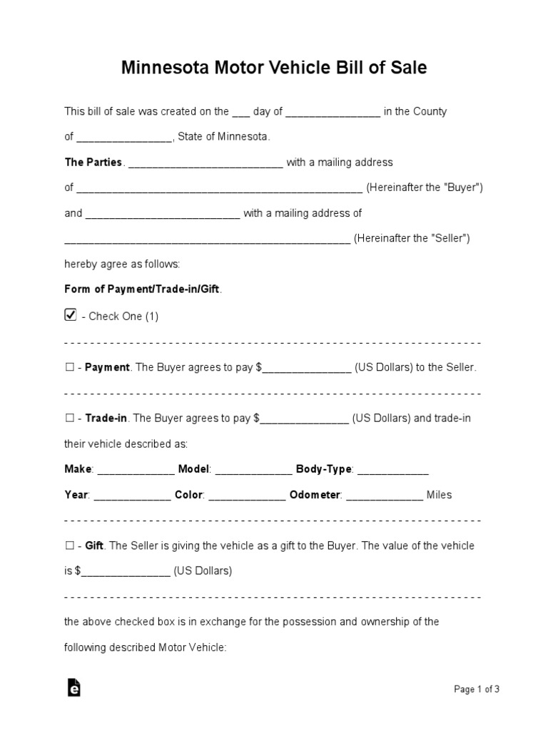 Minnesota Motor Vehicle Bill of Sale The Parties. With A Mailing