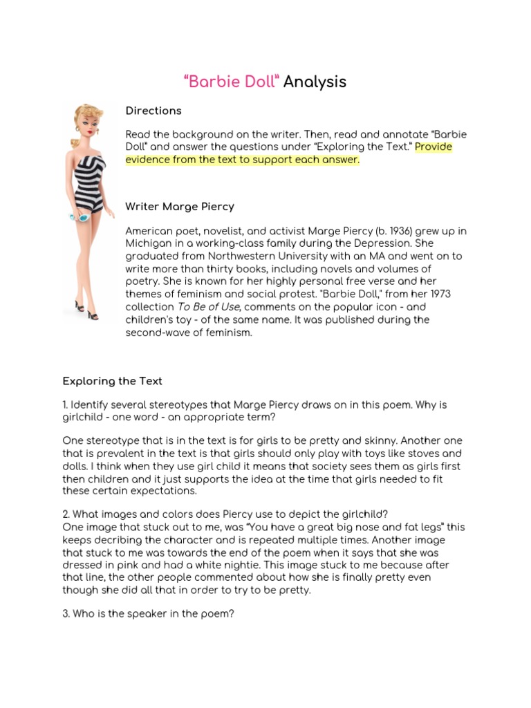 "Barbie Doll" Analysis PDF Poetry