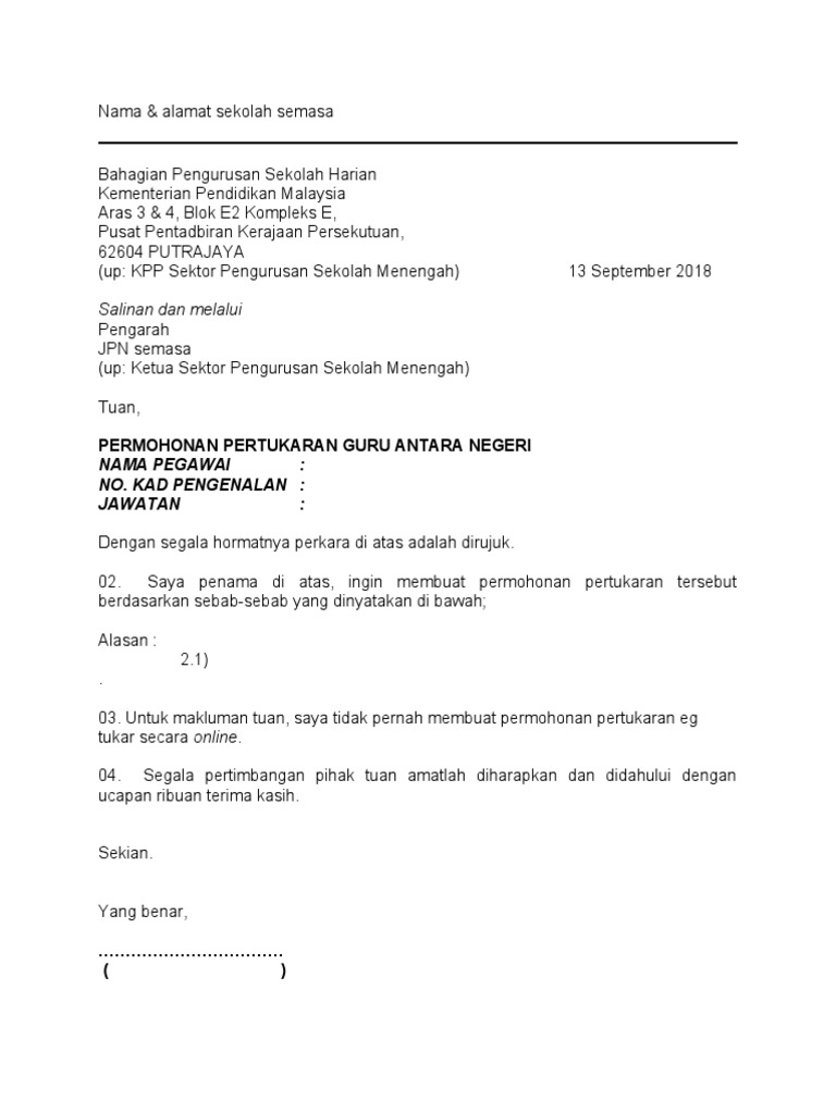 Salinan Dan Melalui Permohonan Pertukaran Guru Antara Negeri Pdf