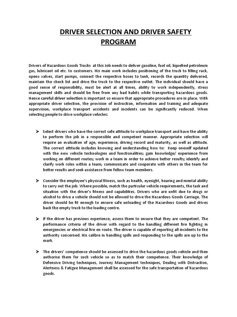 HGT Driver Selection and Safety Program | PDF | Driving | Competence ...