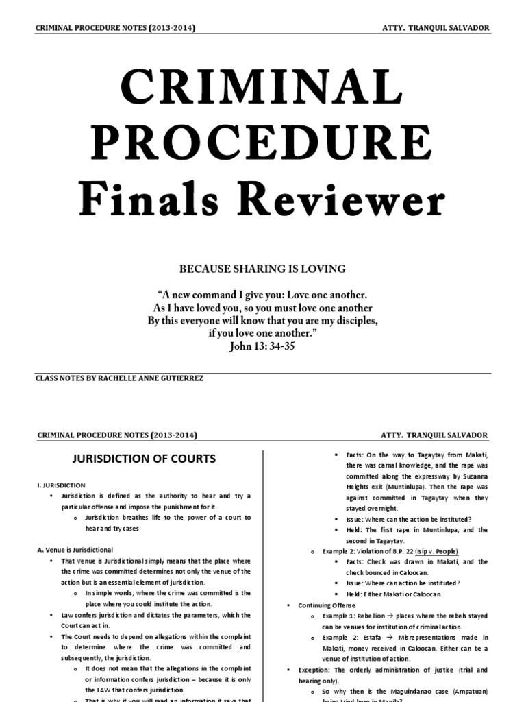Criminal Procedure Jurisdiction Notes | PDF | Prosecutor | Statute Of ...