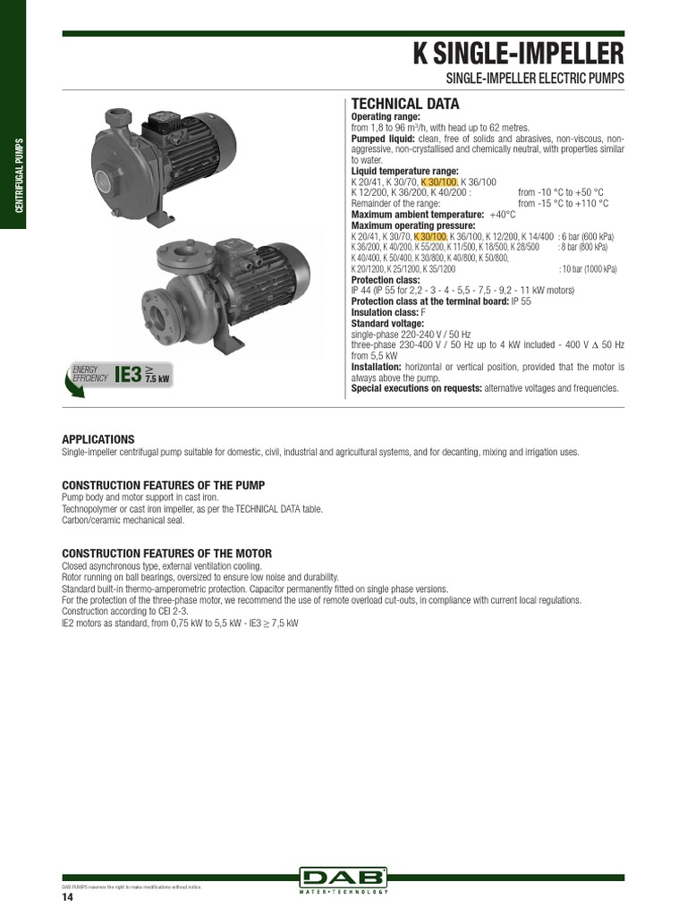 K Single-Impeller: Technical Data | PDF | Pump | Electric Motor
