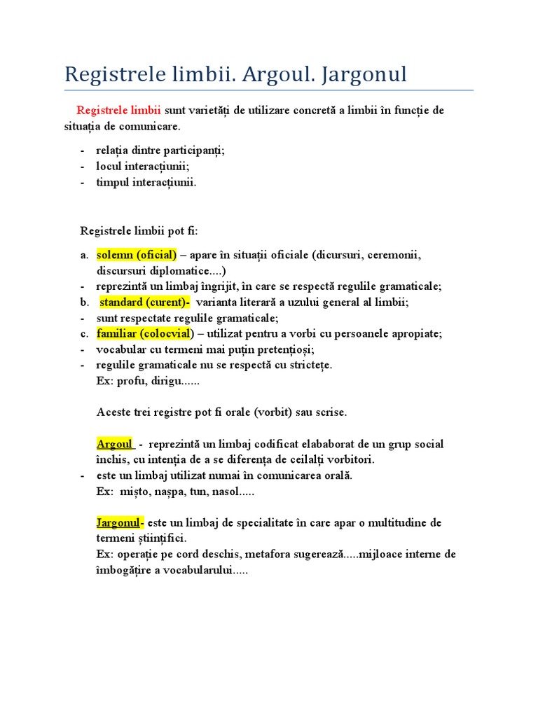 Registrele Limbii. Argoul - Jargonul | PDF