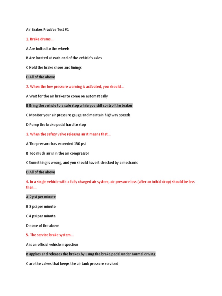 Air Brakes Practice Test PDF Vehicles Brake