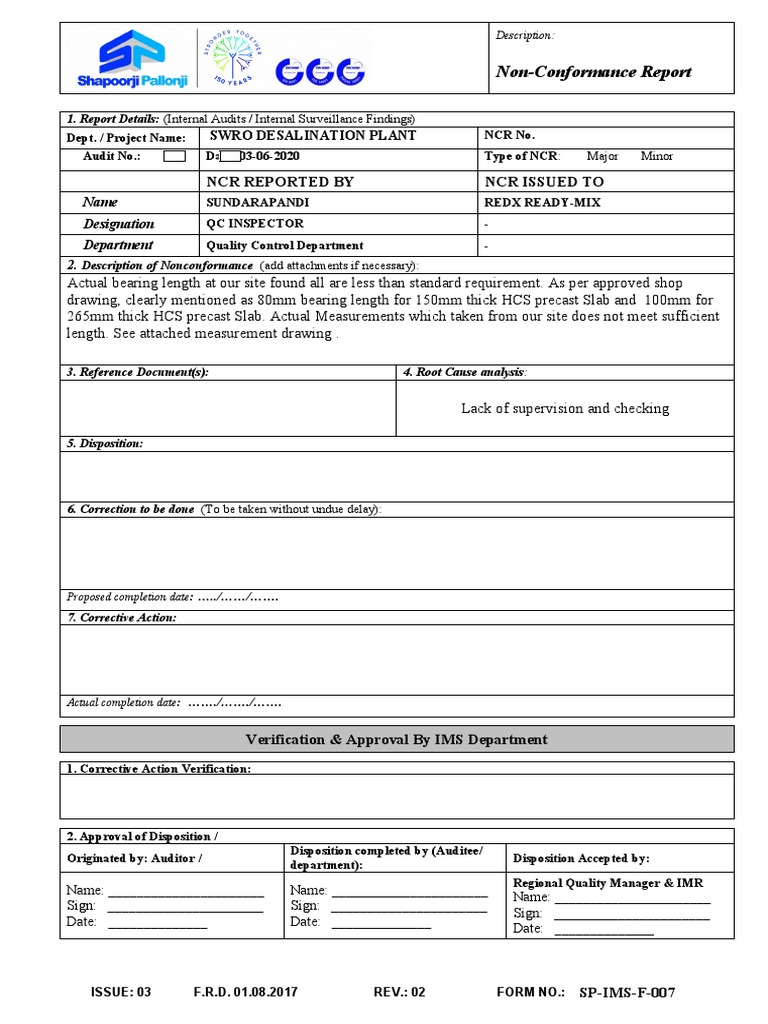 NCR Reported by NCR Issued To: Non-Conformance Report | PDF | Audit ...