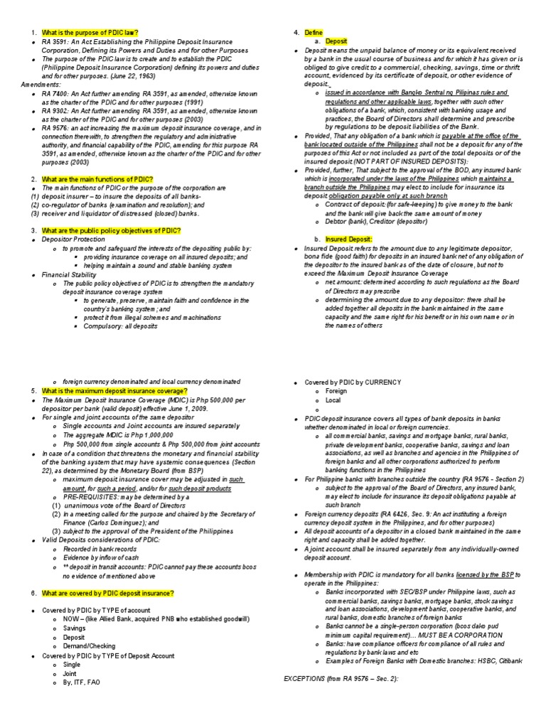 What Is The Purpose of PDIC Law? 4. Define A. Deposit PDF Identity
