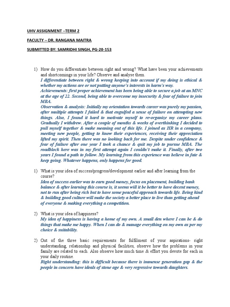 Uhv Assignment - Term 2 Faculty - Dr. Rangana Maitra Submitted By ...