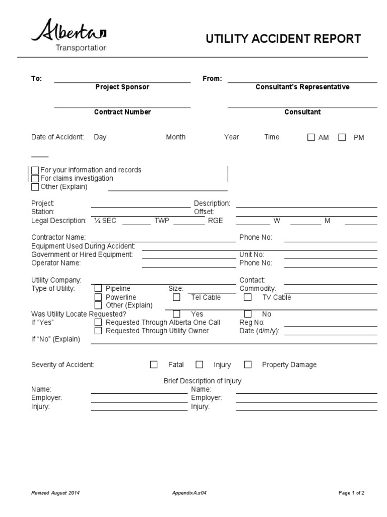 Utility Accident Report: To: From: Project Sponsor Consultant's ...