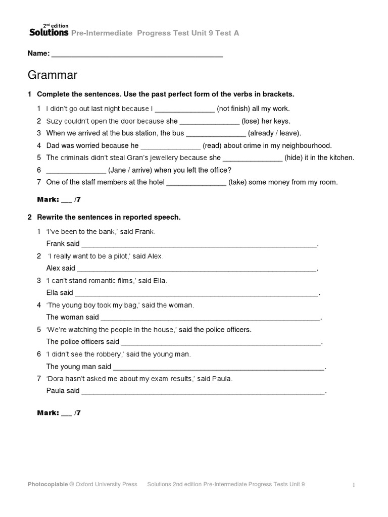 Grammar: Pre-Intermediate Progress Test Unit 9 Test A | PDF | Lee ...