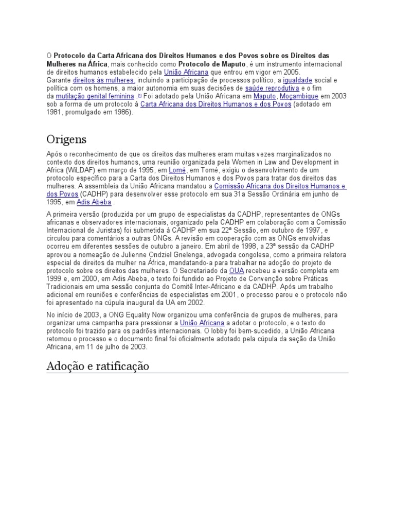 Historial Sobre Protocolo de Maputo PDF Justiça Crime e Violência