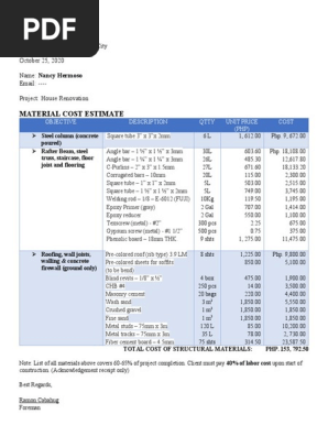 MATERIAL APPROXIMATE COST ESTIMATE