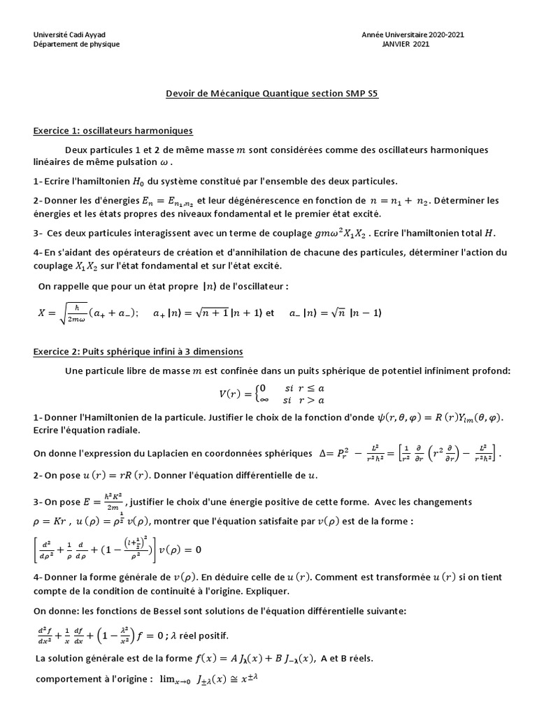 Devoir de Mécanique Quantique S5 | PDF | Atomes | Mécanique quantique