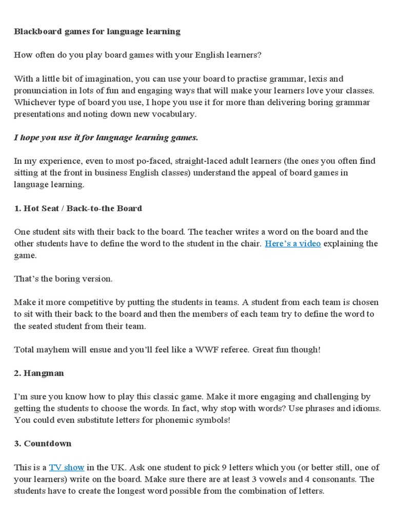 Blackboard Games For Language Learning PDF English As A Second Or Foreign Language