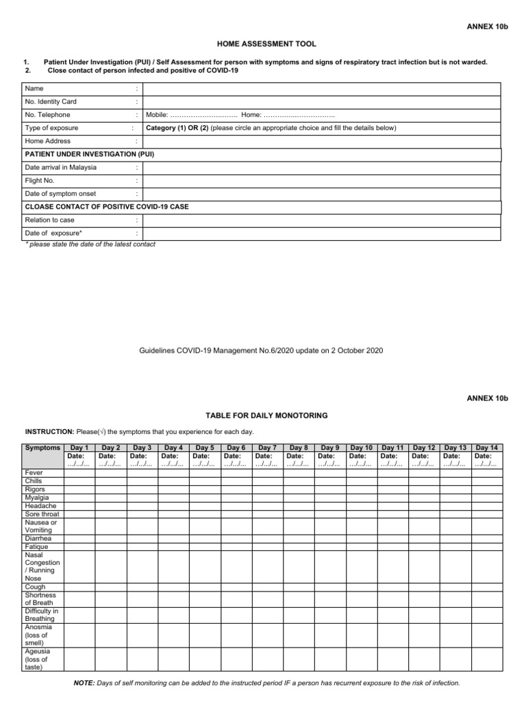 Annex 10b Home Assessment Tool BI 02102020 PDF Diseases And