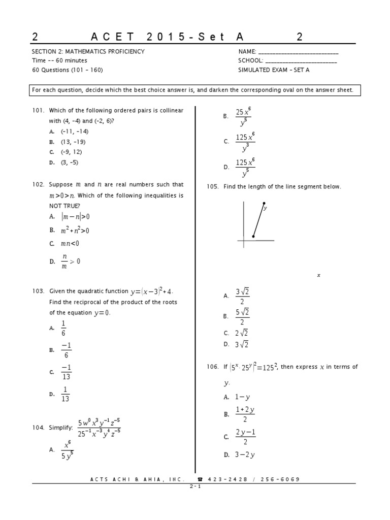 ACET 2015 Mathematics Practice Set A | PDF | Quadratic Equation ...