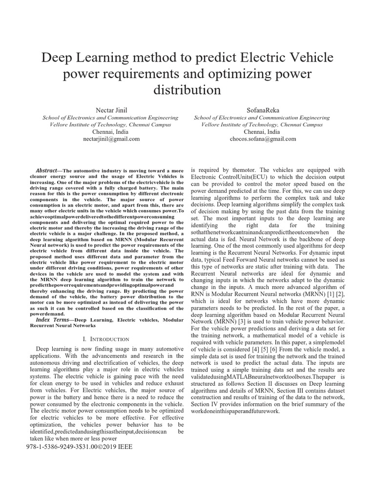 Deep Learning Method To Predict Electric Vehicle Power Requirements and