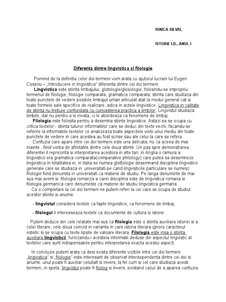 Tema Diferenta Dintre Lingvistica Si Filologie | PDF
