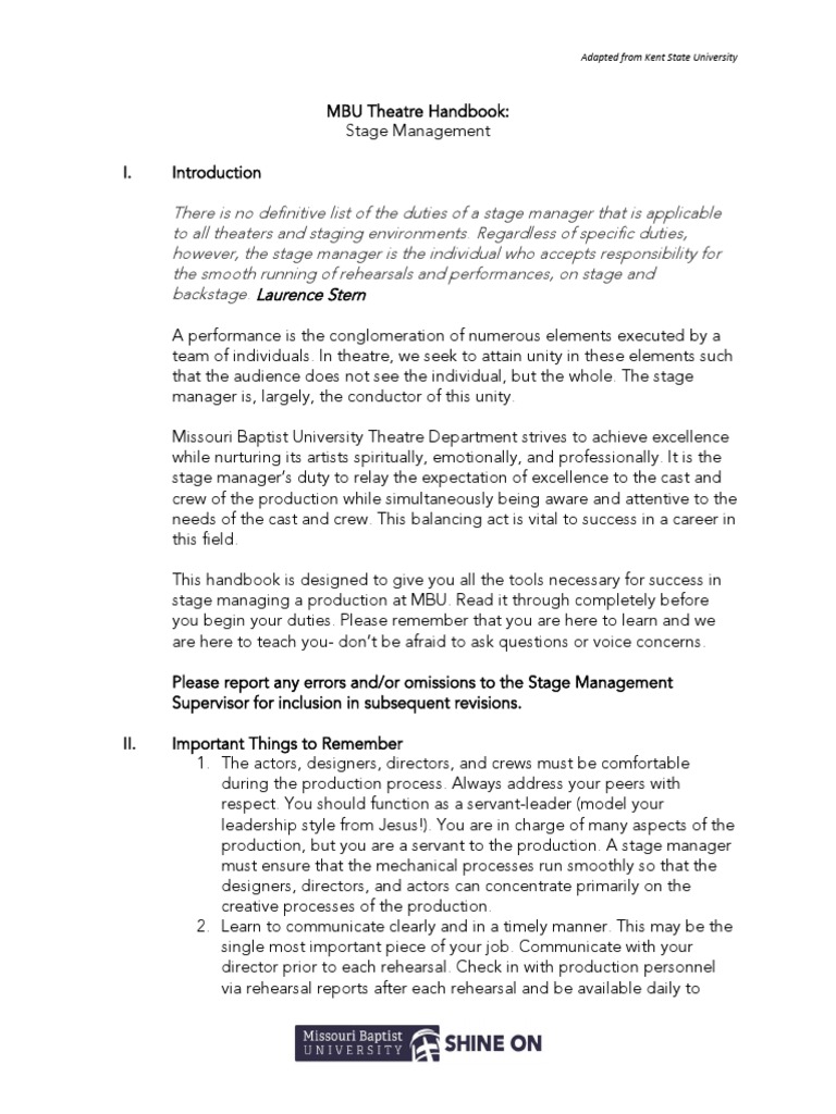 MBU Theatre Stage Management Handbook | PDF | Audition | Performing Arts