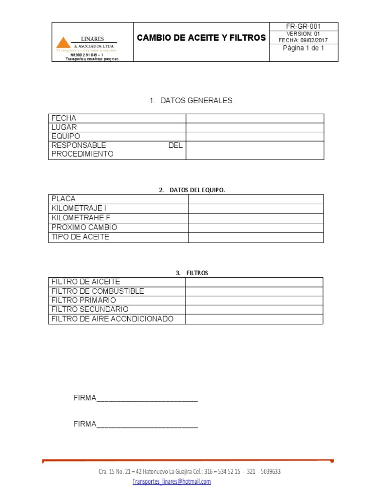 Formato Cambio de Aceite PDF