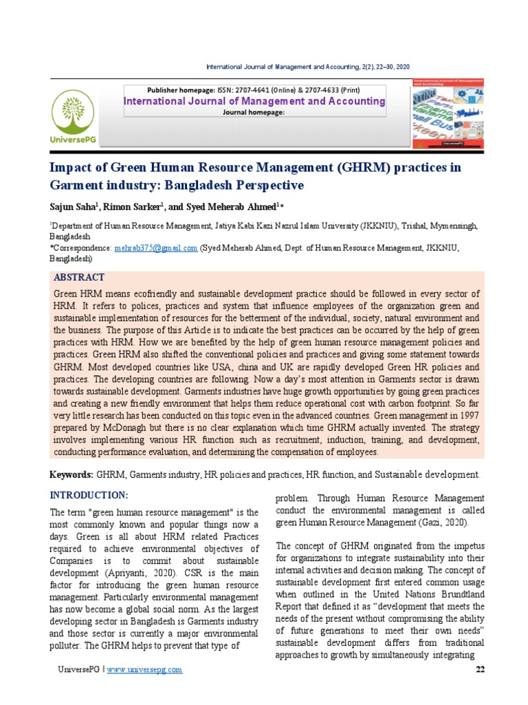 Impact of Green Human Resource Management (GHRM) Practices in Garment ...