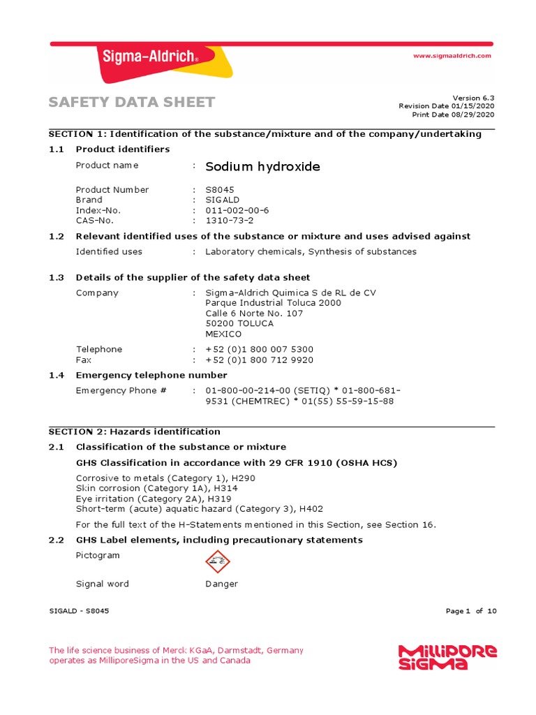 Safety Data Sheet Sodium Hydroxide Download Free PDF Toxicity