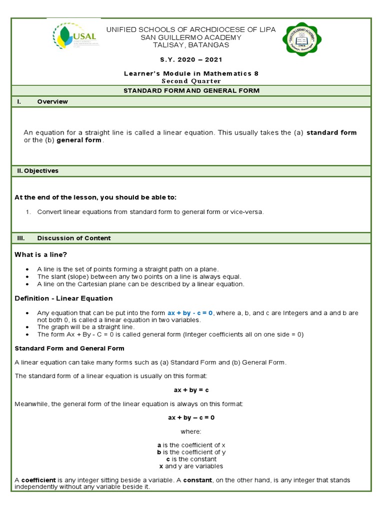 Math G8 2ND Standard and General Form Download Free PDF