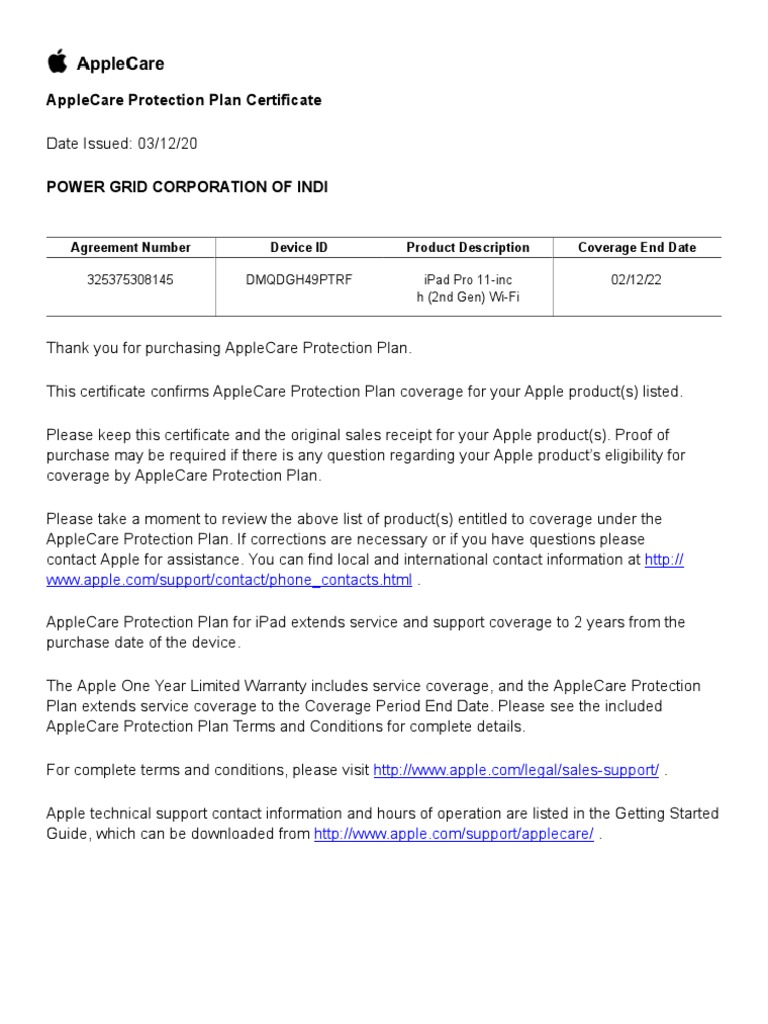 Applecare Protection Plan Certificate Agreement Number Device Id