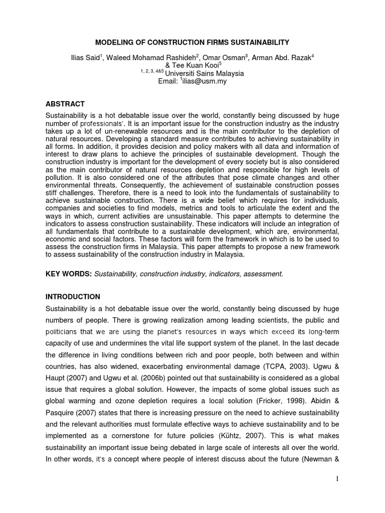 A Framework Model To Assess Sustainability of Construction Industry ...