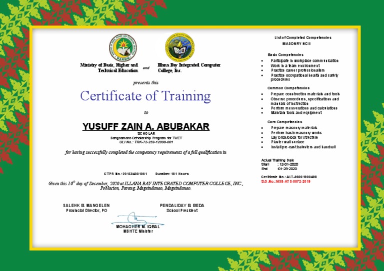 Masonry NC II Training Certificate | PDF | Further Education | Business