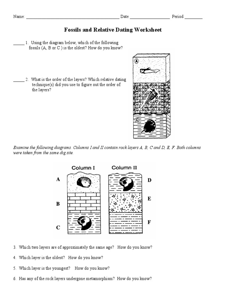 Fossils and Relative Dating Worksheet PDF