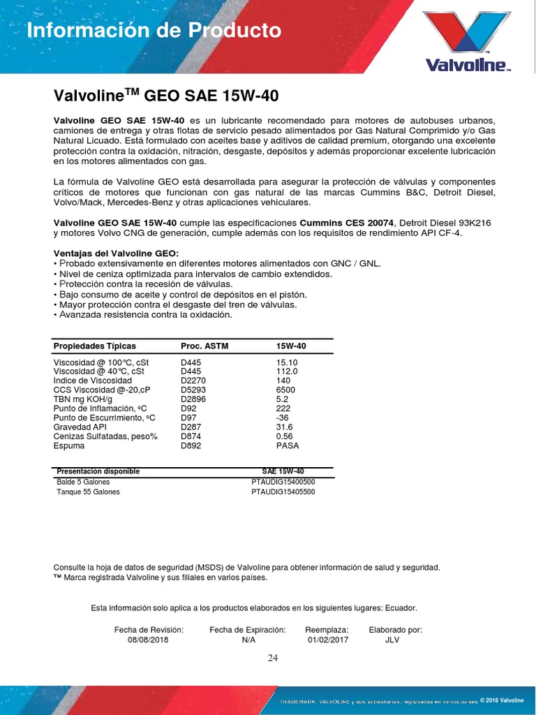 24 Valvoline GEO 15W-40 | PDF | Lubricante | Energía y recursos