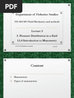 Department of Fisheries Studies: 2. Pressure Distribution in A Fluid 1.1.4 Introduction To Manometry