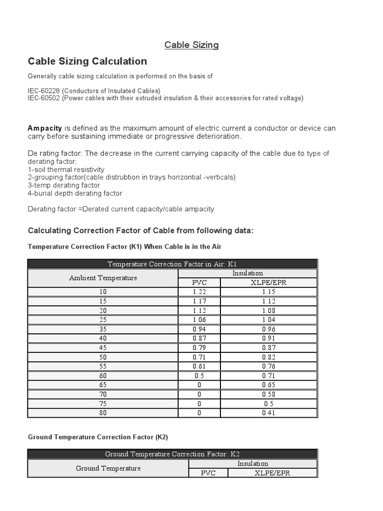 Cable Sizing Calculation PDF Insulator (Electricity) Electric Power