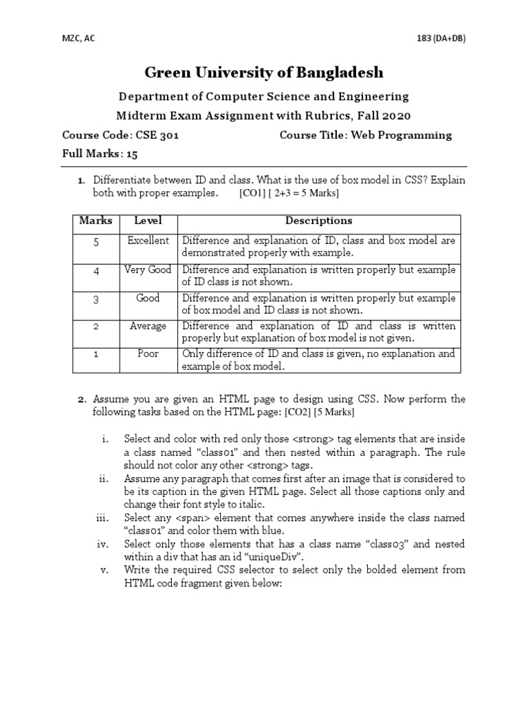 CSE 301 - Mid - Assignment | PDF | Html Element | Html