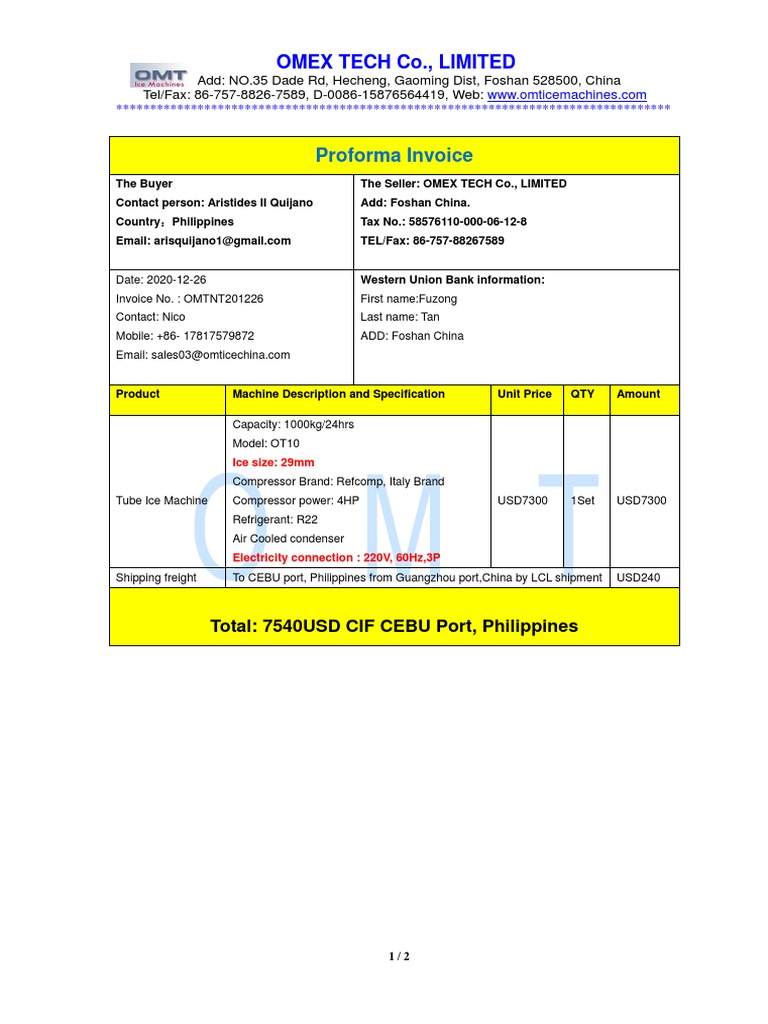 Proforma Invoice for Tube Ice Machine | PDF | Business Law | Private Law