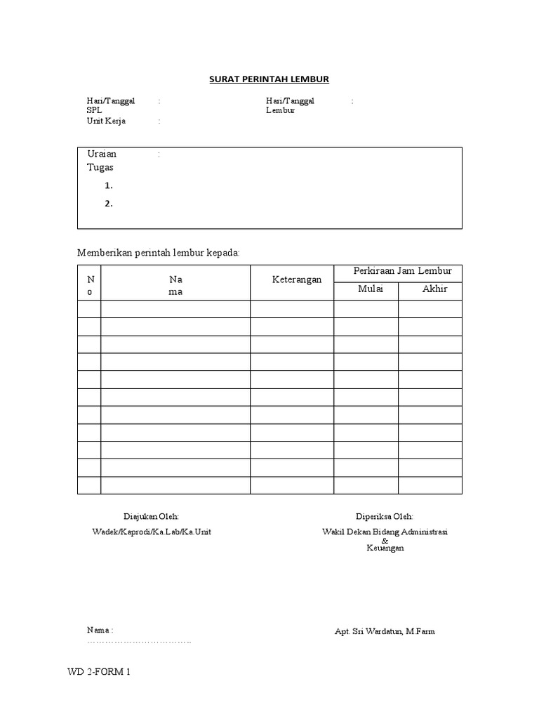 Form Surat Perintah Lembur (SPL) | PDF