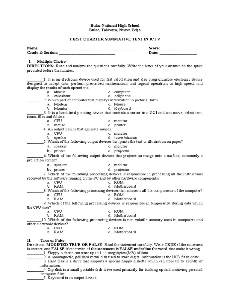 ICT 9 Summative PDF Floppy Disk Input/Output