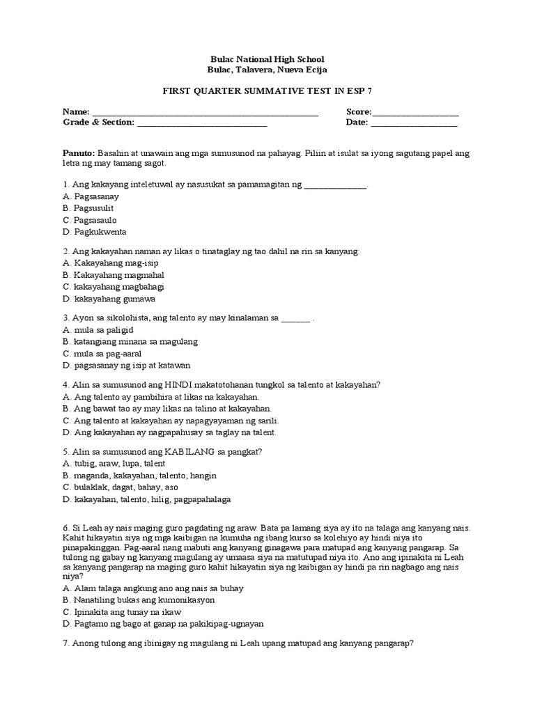 ESP 7 Summative | PDF