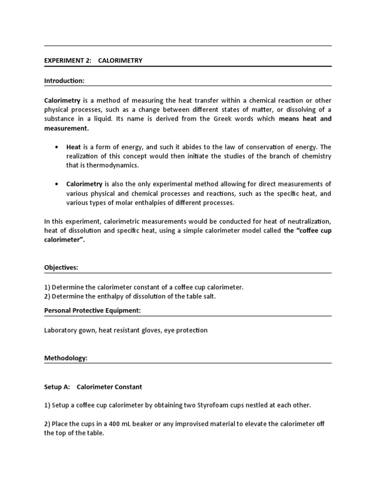Experiment 2 Calorimetry Calorimetry Is A Method of Measuring The Heat