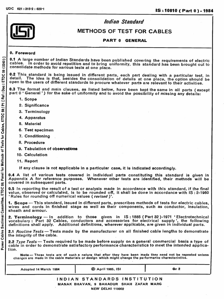 Indian Standards for Cable Testing | PDF | Electrical Wiring ...