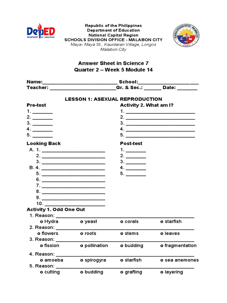 Answer Sheet in Science 7 Quarter 2 - Week 5 Module 14: Maya-Maya ST ...